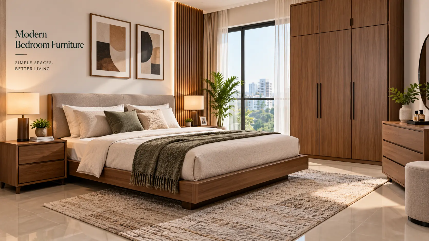 Modern bedroom furniture set with platform bed, minimal nightstands, and flat-front wardrobe