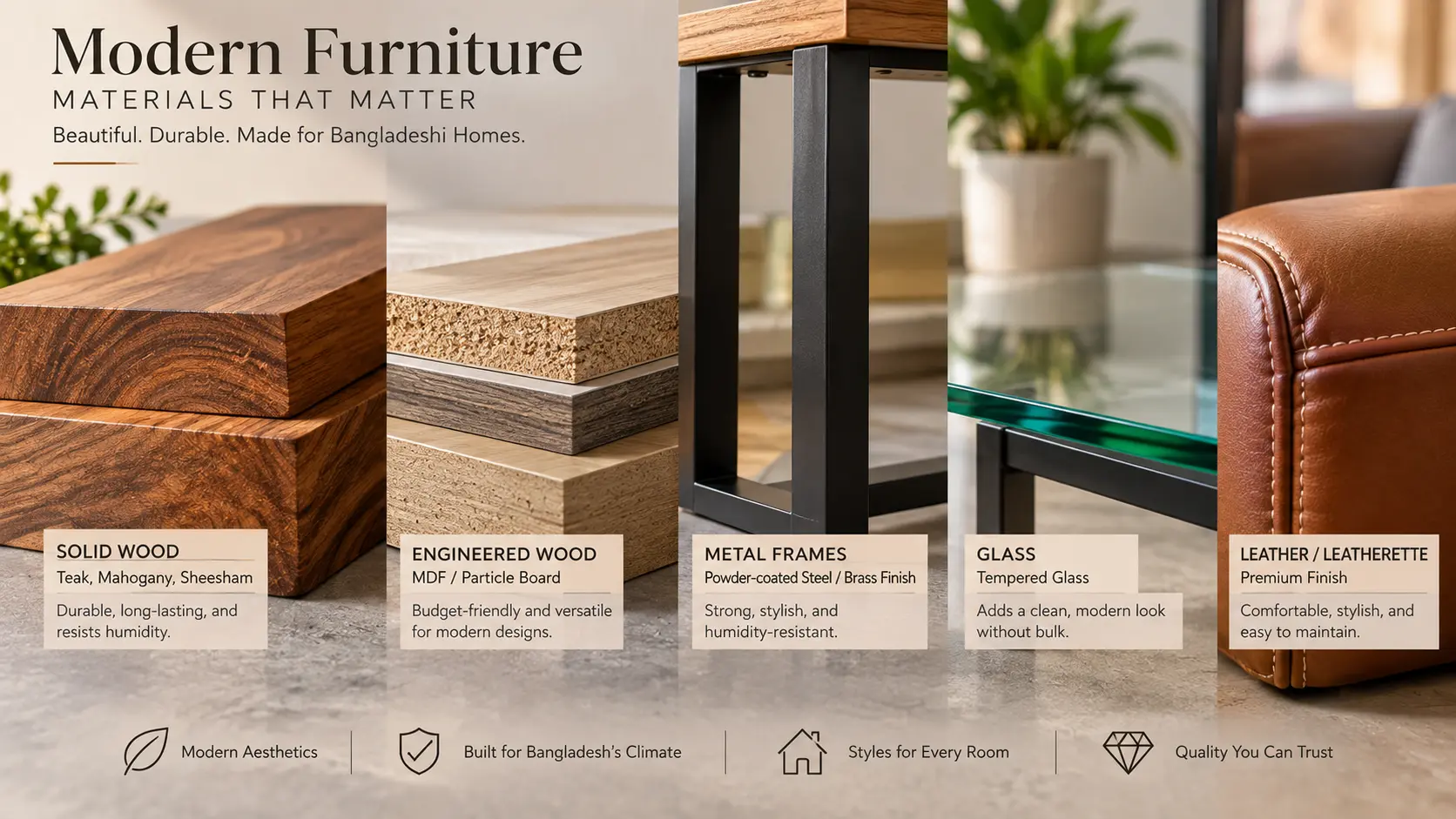 Close-up of modern furniture materials showing solid wood grain and powder-coated metal legs